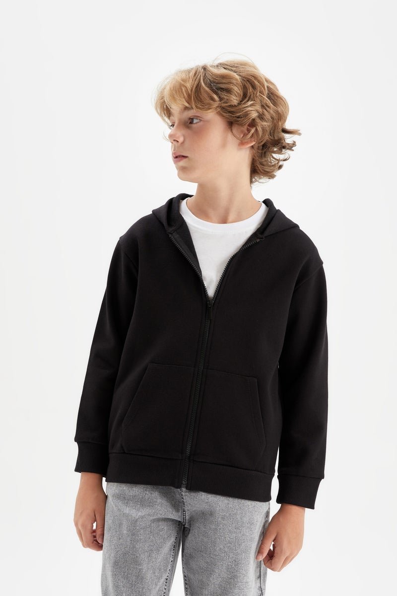 DeFacto Black Boy Boy Black Pocketed Zip-Up Sweatshirt Casual - Image 3